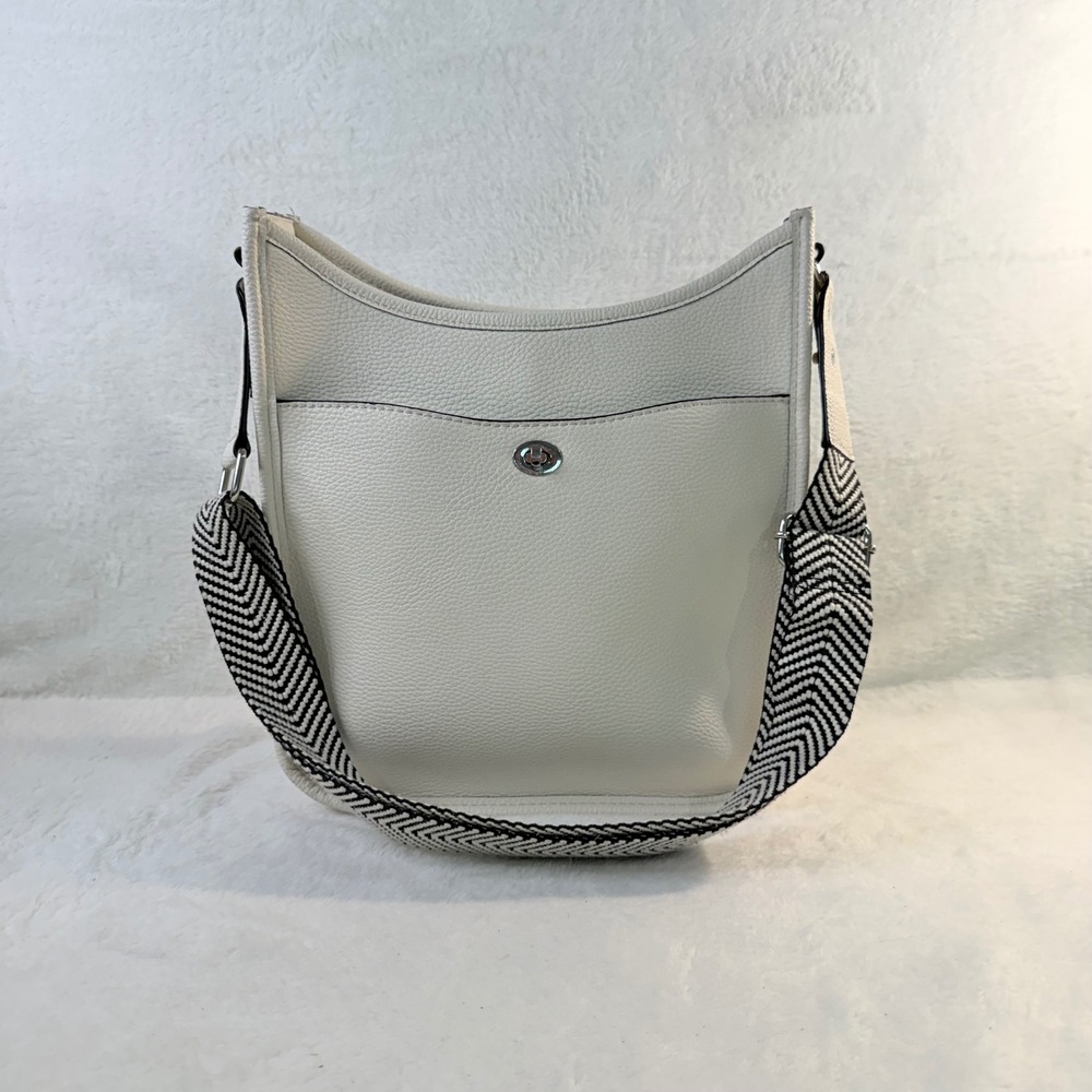 Rae Dunn Crossbody Bag Women Medium White Chevron Guitar Strap Messenger - Picture 4 of 11